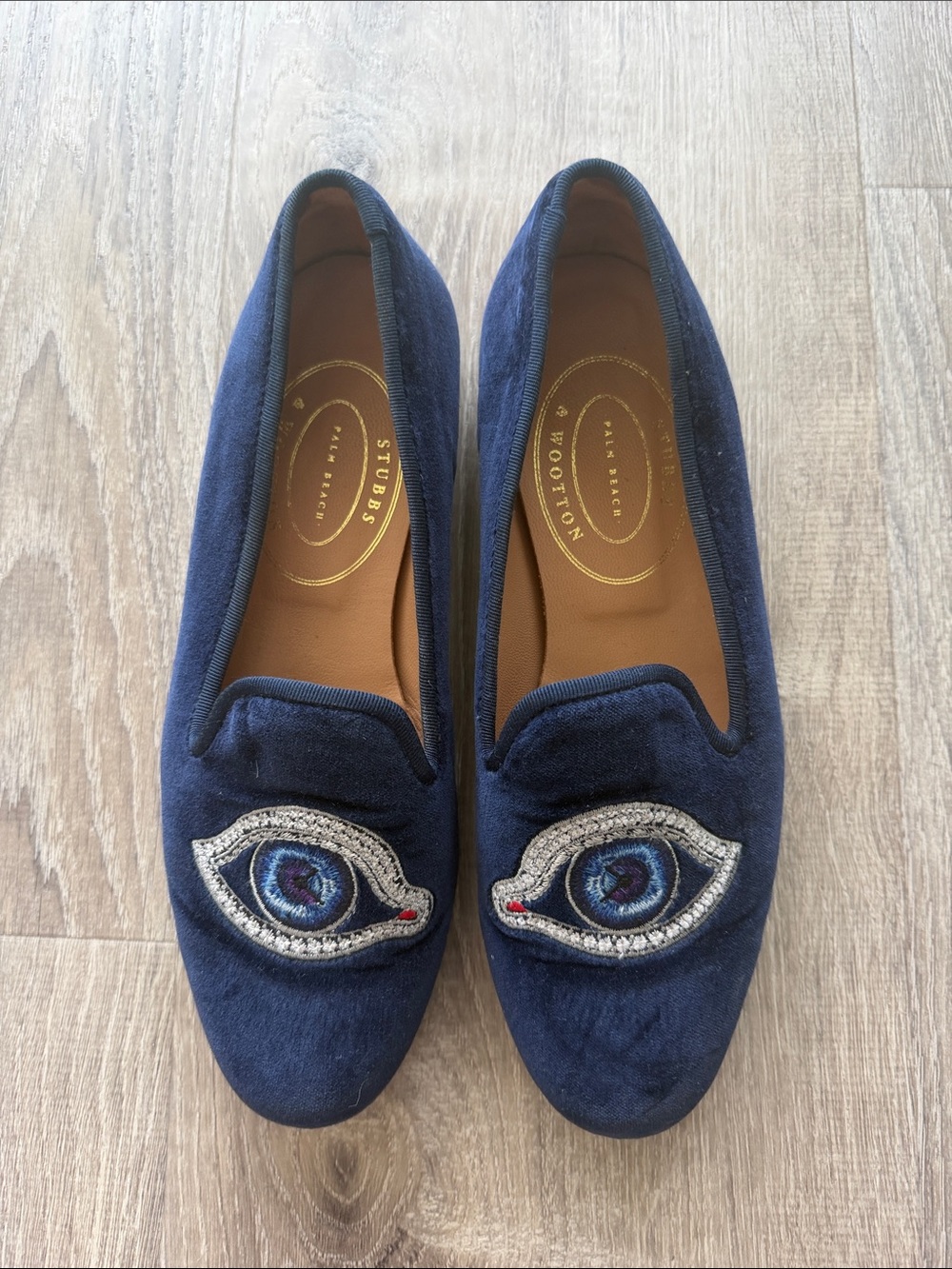 Stubbs & Wootton Navy Velvet Eye Motif Loafers